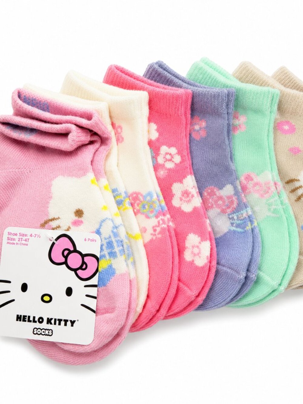 Hello Kitty Toddler Ankle Socks 6 Pairs Size 2T-4T Floral Pastel Licensed New